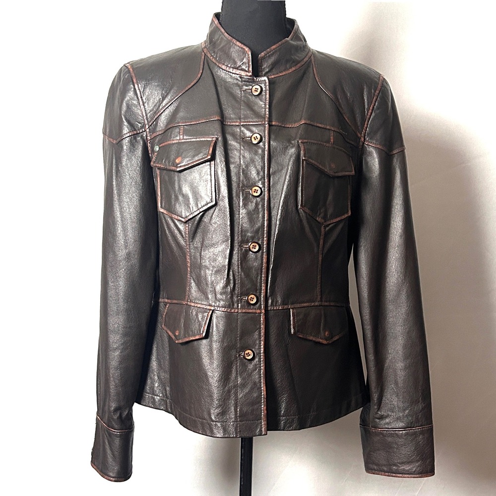 Vintage Y2K Distressed Brown Leather Jacket Womens XL Military Utility Fitted
